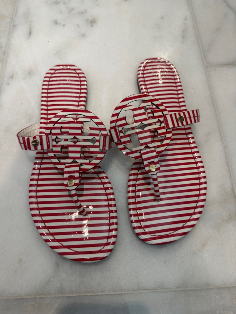 Tory Burch Red & White Striped Logo Jelly Sandals